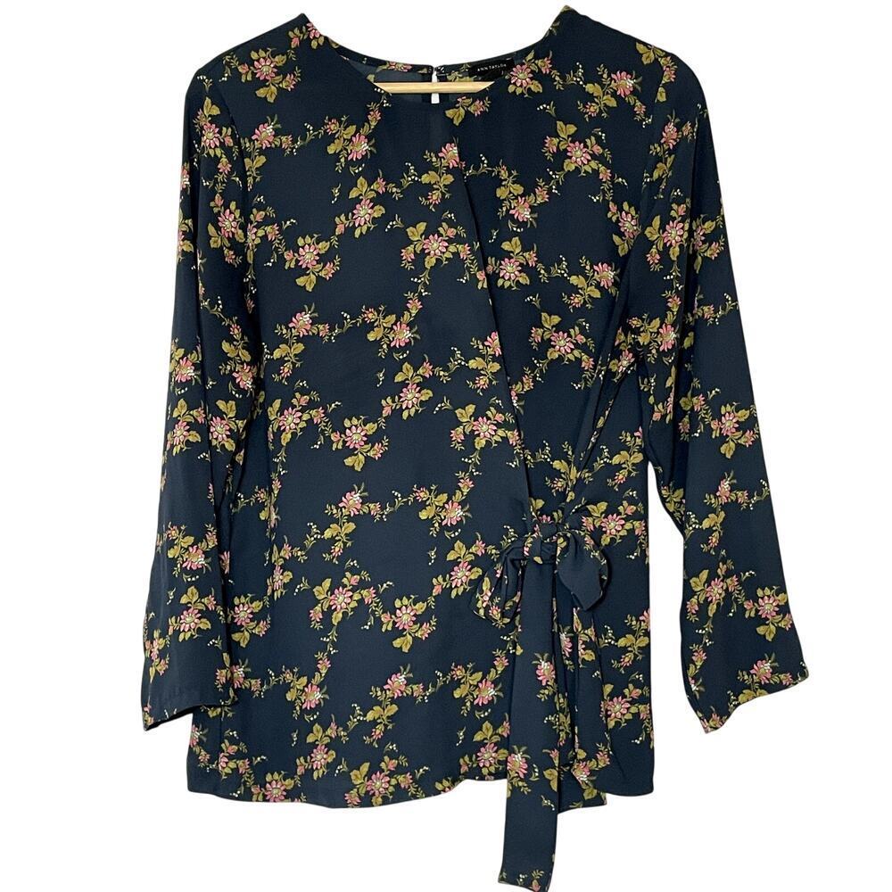 Ann Taylor navy floral yellow blouse front side tie women's size L career flaw